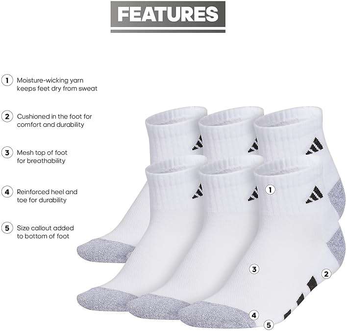 adidas Kids Athletic Cushioned 6-Pack Quarter Socks (Little Kid/Big Kid/Adult) - Image 2