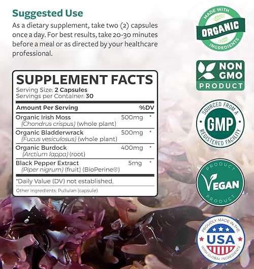 Organic Irish Sea Moss Capsules - Organic Sea Moss Capsules with Bladderwrack Burdock Root and Black Pepper Extract for Enhanced Absorption - Vegan Non-GMO & Made in the USA (1 Month Supply) - Image 4