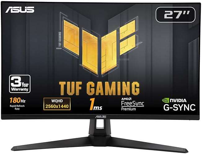 ASUS TUF Gaming 27” 1440P HDR Monitor (VG27AQ3A) – QHD (2560 x 1440), 180Hz, 1ms, Fast IPS, 130% sRGB, Extreme Low Motion Blur Sync, Speakers, Freesync Premium, G-SYNC Compatible, HDMI, DisplayPort - Image 1