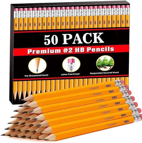 V-Opitos Wood-Cased #2 HB Pencils, 50 Pack Bulk Yellow Pencils with Erasers, Pre-Sharpened, School Classroom Teacher Supplies for Writing, Drawing and Sketching - Image 1