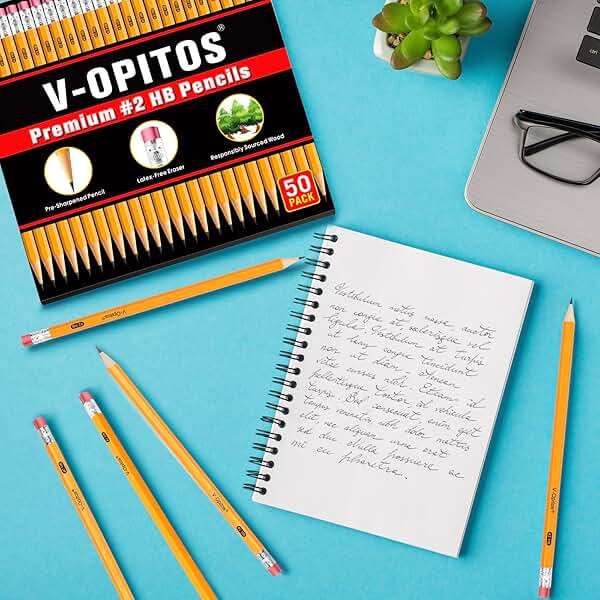 V-Opitos Wood-Cased #2 HB Pencils, 50 Pack Bulk Yellow Pencils with Erasers, Pre-Sharpened, School Classroom Teacher Supplies for Writing, Drawing and Sketching - Image 2