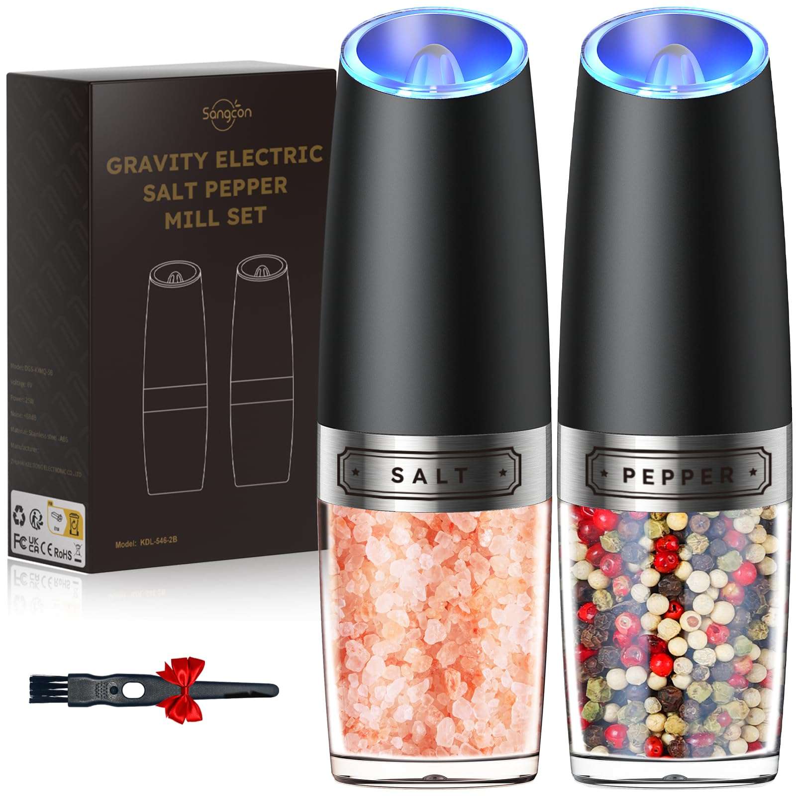 Sangcon Gravity Electric Salt and Pepper Grinder Set Automatic Shakers Mill Grinder with LED Light, BATTERY POWERED Adjustable Coarseness One Hand Operation, Upgraded Larger Capacity - Image 1
