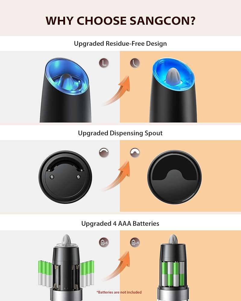 Sangcon Gravity Electric Salt and Pepper Grinder Set Automatic Shakers Mill Grinder with LED Light, BATTERY POWERED Adjustable Coarseness One Hand Operation, Upgraded Larger Capacity - Image 4