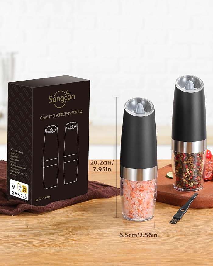 Sangcon Gravity Electric Salt and Pepper Grinder Set Automatic Shakers Mill Grinder with LED Light, BATTERY POWERED Adjustable Coarseness One Hand Operation, Upgraded Larger Capacity - Image 7