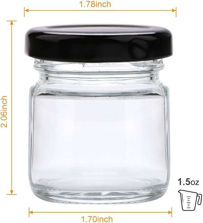 QAPPDA 1.5oz Mini Glass Jars with Black Lids,Round Small Honey Jars 70 Pack Mini Storage Jar for Candle Making,Clear Glass Bottle 45ml Glass Spice Containers for Jelly,Jam,Craft,Wedding,Party Favor - Image 3