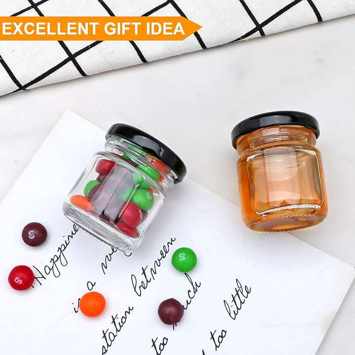 QAPPDA 1.5oz Mini Glass Jars with Black Lids,Round Small Honey Jars 70 Pack Mini Storage Jar for Candle Making,Clear Glass Bottle 45ml Glass Spice Containers for Jelly,Jam,Craft,Wedding,Party Favor - Image 5