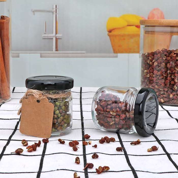 QAPPDA 1.5oz Mini Glass Jars with Black Lids,Round Small Honey Jars 70 Pack Mini Storage Jar for Candle Making,Clear Glass Bottle 45ml Glass Spice Containers for Jelly,Jam,Craft,Wedding,Party Favor - Image 6