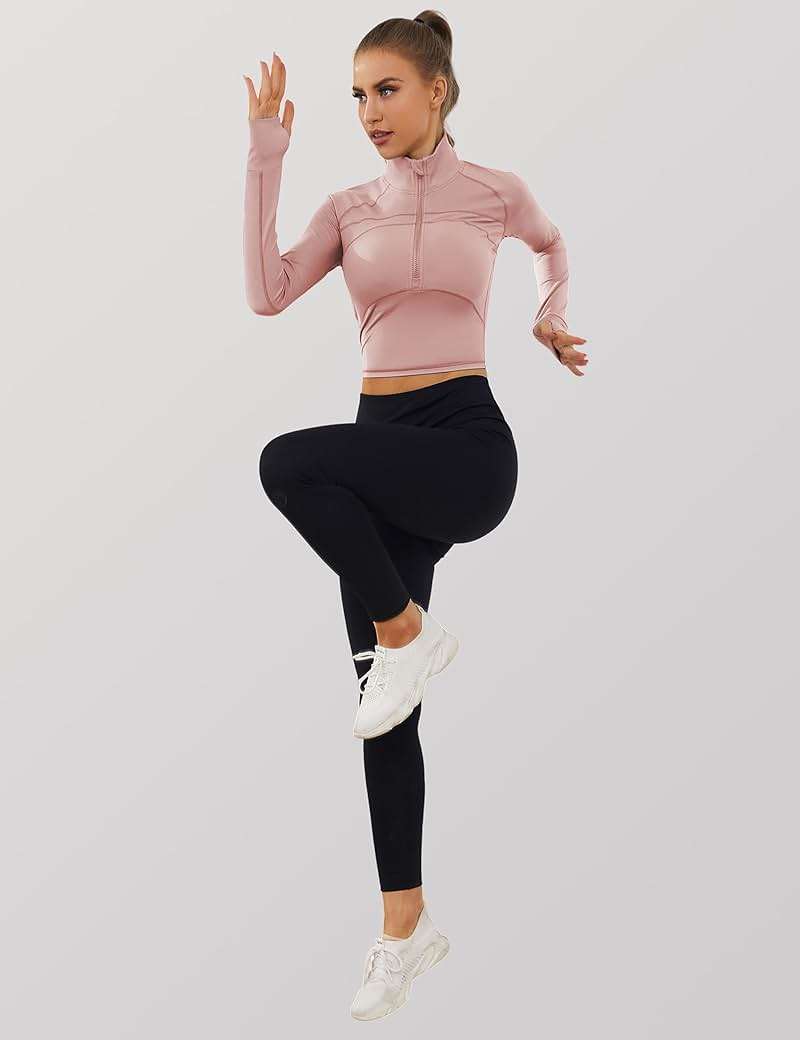 UANEO Long Sleeve Cropped Workout Tops for Women Gym Yoga Athletic Tops 1/2 Zip Jackets - Image 5