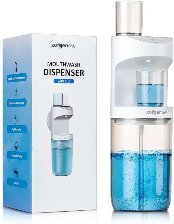 ZOFGENOW Automatic Mouthwash Dispenser for Bathroom,Bathroom Accessories 19.4 Fl Oz Dispensers with Magnetic Cups,Wall Mounted Dispenser,Suitable for All Age Groups,White - Image 1