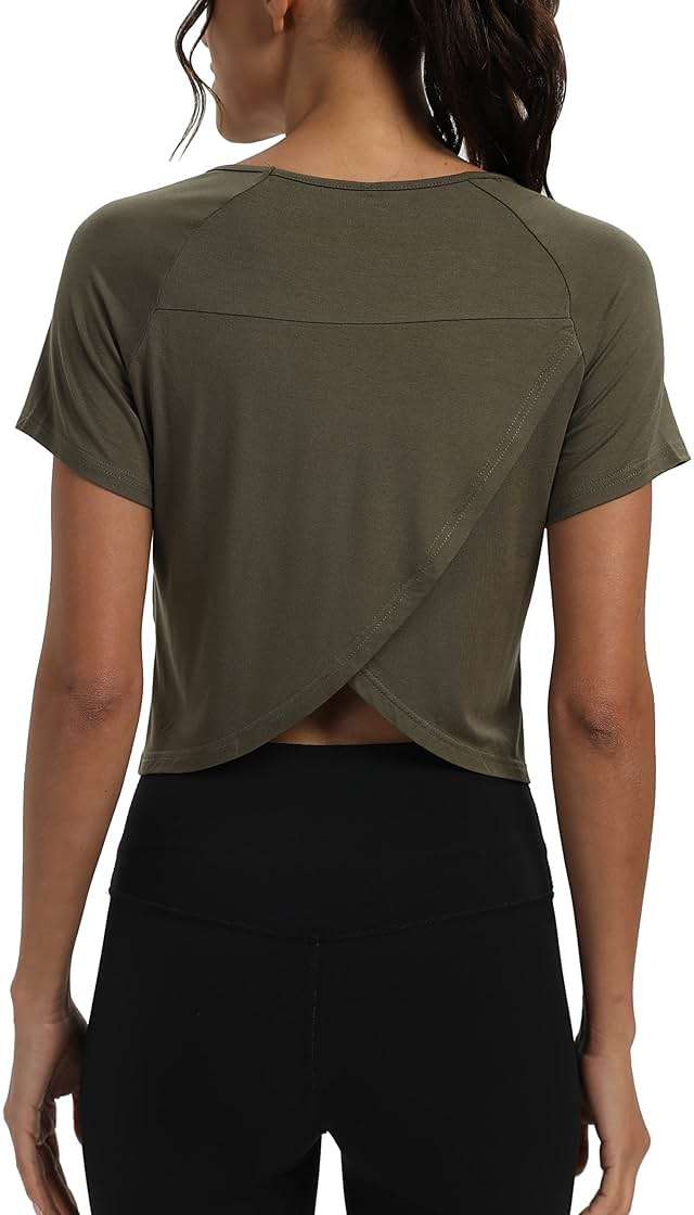 Mippo Workout Tops for Women Cropped Split Back Athletic Gym Exercise Shirts Loose Fit - Image 1