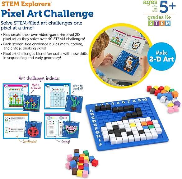 Learning Resources STEM Explorers Pixel Art Challenge - Science Kits & STEM Activities for Kids, Pattern Blocks, Fine Motor Skills, Math Manipulatives, Sorting and Counting, Gifts for Boys and Girls - Image 6