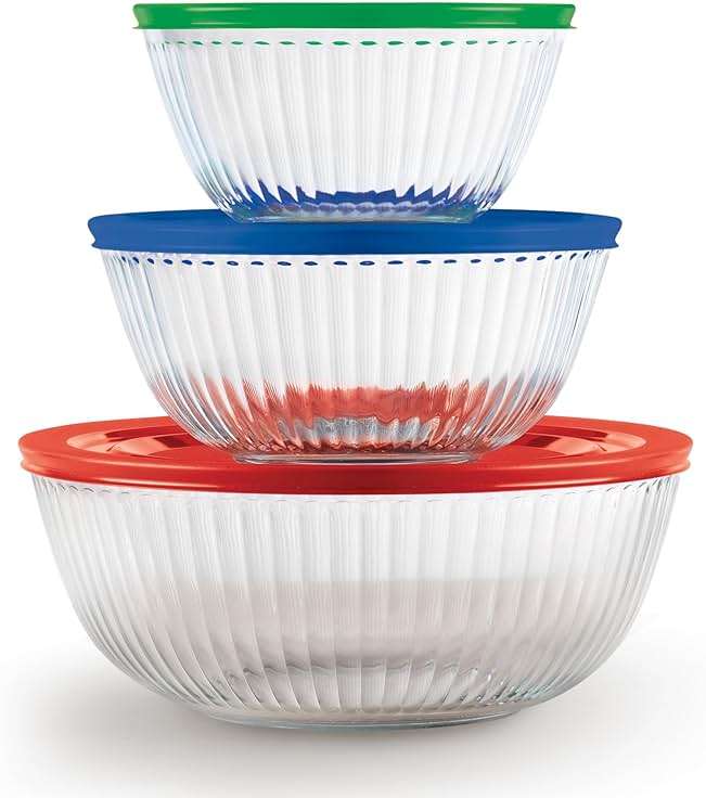 Pyrex Sculpted (3-Pack) Glass Mixing Bowls Set With Plastic Lids For Prepping, Baking and Cooking, Preheated Oven, Dishwasher, Freezer, and Microwave Safe - Image 1