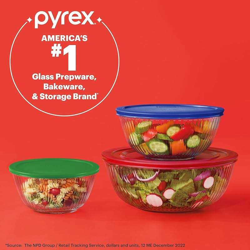 Pyrex Sculpted (3-Pack) Glass Mixing Bowls Set With Plastic Lids For Prepping, Baking and Cooking, Preheated Oven, Dishwasher, Freezer, and Microwave Safe - Image 5