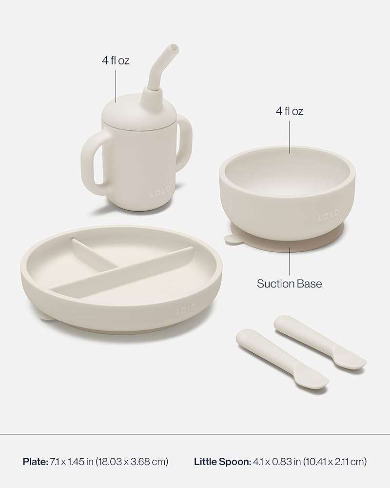 Lalo First Bites Silicone Baby Feeding Set - Baby Led Weaning Supplies - Non-Toxic Silicone - Includes 1 Bib, 2 Spoons, Training Cup, Suction Plate and Bowl - 6 Pieces - Oatmeal - Image 2