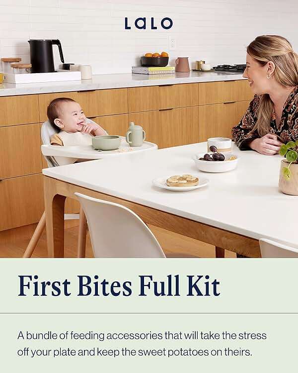 Lalo First Bites Silicone Baby Feeding Set - Baby Led Weaning Supplies - Non-Toxic Silicone - Includes 1 Bib, 2 Spoons, Training Cup, Suction Plate and Bowl - 6 Pieces - Oatmeal - Image 3
