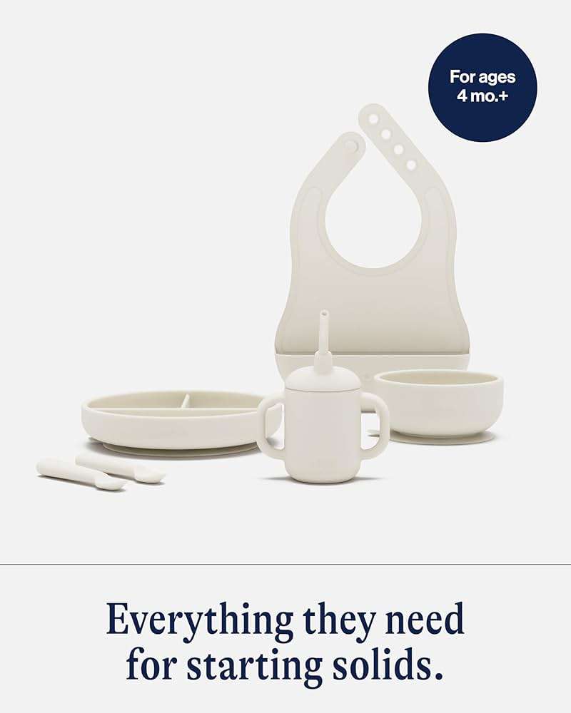Lalo First Bites Silicone Baby Feeding Set - Baby Led Weaning Supplies - Non-Toxic Silicone - Includes 1 Bib, 2 Spoons, Training Cup, Suction Plate and Bowl - 6 Pieces - Oatmeal - Image 4