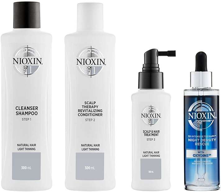 Nioxin Scalp + Hair Thickening System 1 Kit | For Natural-Hair with Light Thinning | Cleanse, Condition, & Treat + Night Density Rescue, Overnight Leave-in Antioxidant Serum for Thickness | Bundle - Image 1