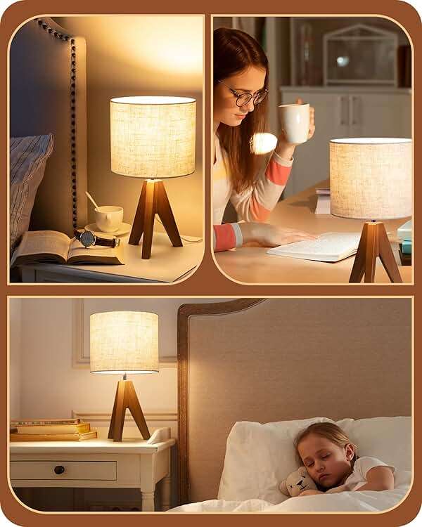 EDISHINE Tripod Table Lamp, Small Cute Bedside Lamp with Linen Beige Lampshade, Nightstand Lamp for Nursery, Bedroom, Kid Room, Living Room, Light Brown Wooden Base, E26 Socket, 14.2 Inch - Image 2