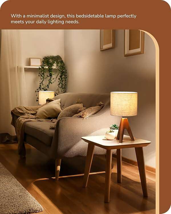 EDISHINE Tripod Table Lamp, Small Cute Bedside Lamp with Linen Beige Lampshade, Nightstand Lamp for Nursery, Bedroom, Kid Room, Living Room, Light Brown Wooden Base, E26 Socket, 14.2 Inch - Image 7