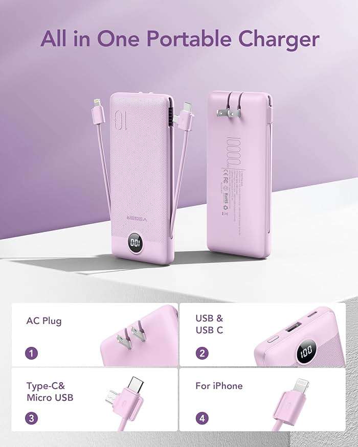 VEGER Portable Charger Power Bank with Built-in AC Plug and Cables, All in One 10000mAh Ultra Slim Travel Essentials, Fast Charging Battery Pack Compatible with iPhone, Samsung, Android, Purple - Image 2