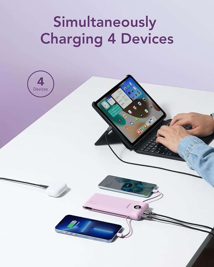 VEGER Portable Charger Power Bank with Built-in AC Plug and Cables, All in One 10000mAh Ultra Slim Travel Essentials, Fast Charging Battery Pack Compatible with iPhone, Samsung, Android, Purple - Image 4