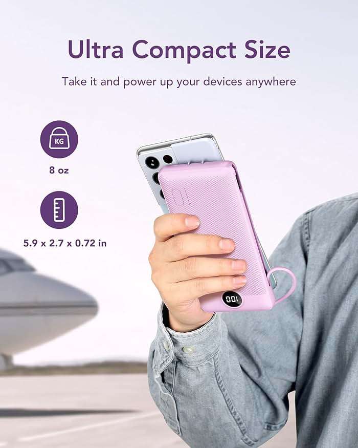 VEGER Portable Charger Power Bank with Built-in AC Plug and Cables, All in One 10000mAh Ultra Slim Travel Essentials, Fast Charging Battery Pack Compatible with iPhone, Samsung, Android, Purple - Image 8