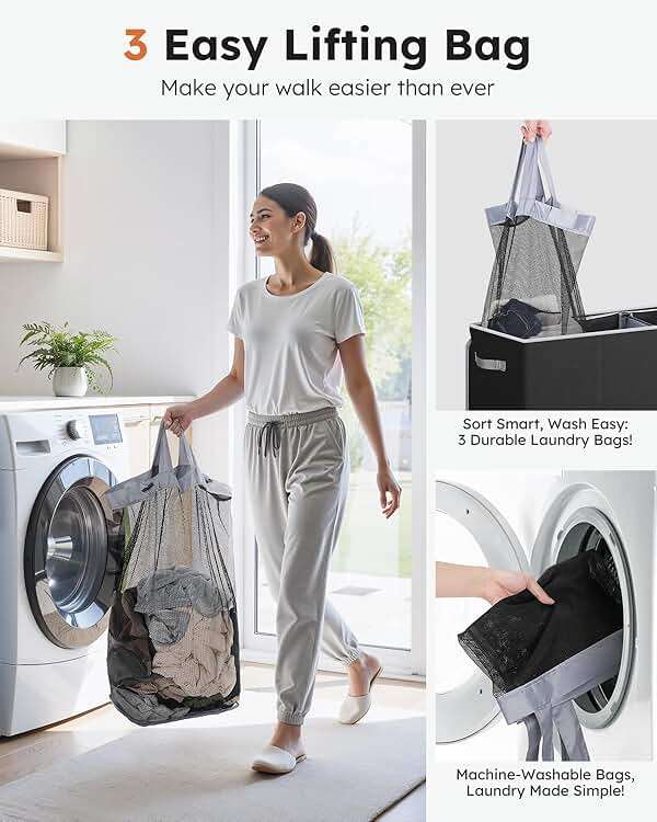 SOLEDI 180L Laundry Hamper 3 Section, Extra Large Laundry Hamper with Lid, Dirty Clothes Hamper with Sturdy Handle, Large Laundry Basket Organizer for Laundry Room, Bedroom, Hampers for Laundry - Image 6
