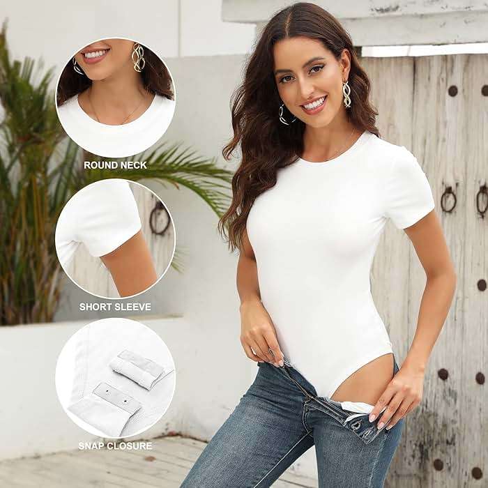 BALENNZ Women's 4/5 Pack Short Sleeve Round Neck Bodysuit Tops Crew Neck Basic Casual Tshirt Bodysuits - Image 3