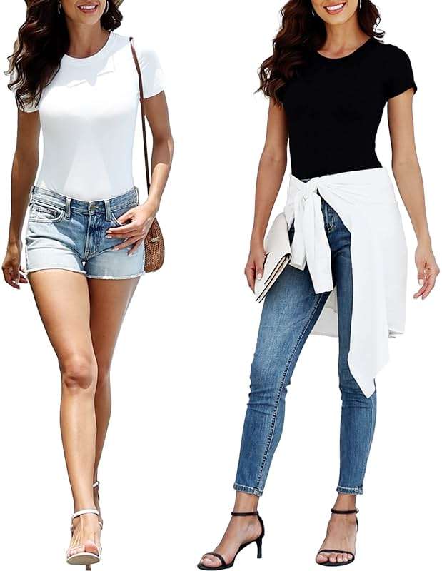BALENNZ Women's 4/5 Pack Short Sleeve Round Neck Bodysuit Tops Crew Neck Basic Casual Tshirt Bodysuits - Image 4