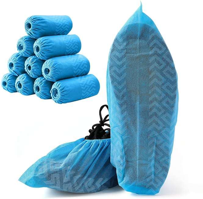 JMU 100 Pcs Shoe Covers Disposable, Non Slip Medical Shoe Covers, Durable and Recyclable Non-Woven Booties Covers for Hospital, Home, Large Size Fits Most Shoes, Blue - Image 1