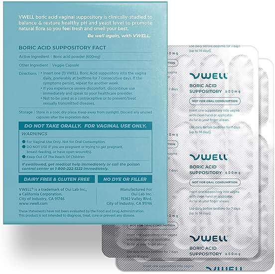 VWELL Boric Acid Vaginal Suppositories - Homeopathic Solution Maintains and Balances Healthy Vaginal pH & Microbiome Intimacy - Doctors Recommended (One Size, 30, Count) - Image 7