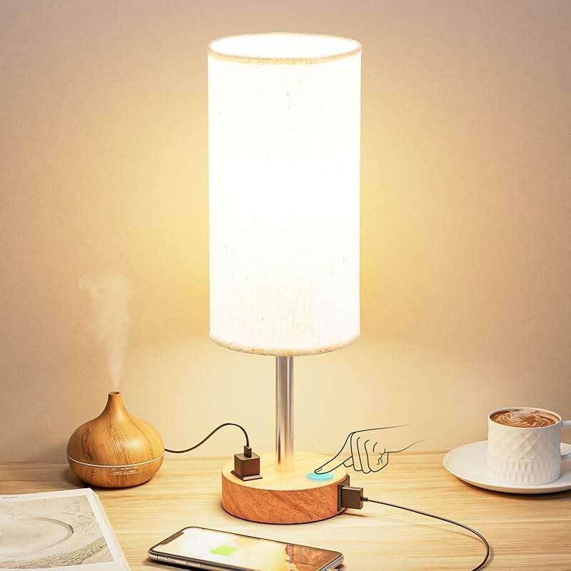 Fenmzee Bedside Table Lamp for Bedroom - 3 Way Dimmable Touch Lamp USB C Charging Ports and AC Outlet, Small Lamp Wood Base Round Flaxen Fabric Shade for Living Room, Desk, LED Bulb Included - Image 1
