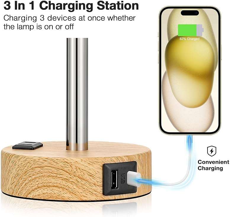 Fenmzee Bedside Table Lamp for Bedroom - 3 Way Dimmable Touch Lamp USB C Charging Ports and AC Outlet, Small Lamp Wood Base Round Flaxen Fabric Shade for Living Room, Desk, LED Bulb Included - Image 3
