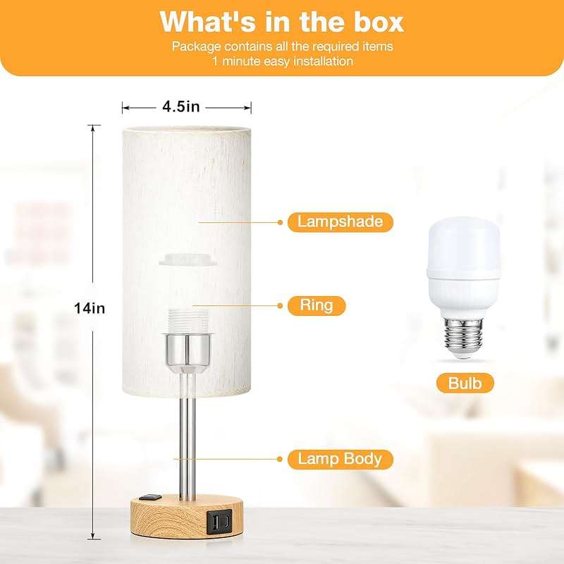 Fenmzee Bedside Table Lamp for Bedroom - 3 Way Dimmable Touch Lamp USB C Charging Ports and AC Outlet, Small Lamp Wood Base Round Flaxen Fabric Shade for Living Room, Desk, LED Bulb Included - Image 5