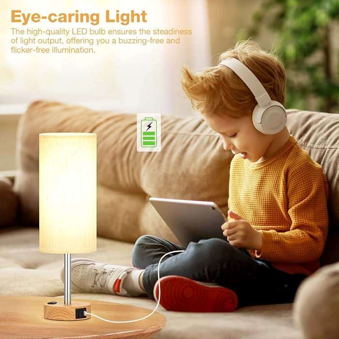 Fenmzee Bedside Table Lamp for Bedroom - 3 Way Dimmable Touch Lamp USB C Charging Ports and AC Outlet, Small Lamp Wood Base Round Flaxen Fabric Shade for Living Room, Desk, LED Bulb Included - Image 6