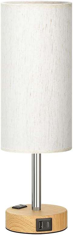 Fenmzee Bedside Table Lamp for Bedroom - 3 Way Dimmable Touch Lamp USB C Charging Ports and AC Outlet, Small Lamp Wood Base Round Flaxen Fabric Shade for Living Room, Desk, LED Bulb Included - Image 8
