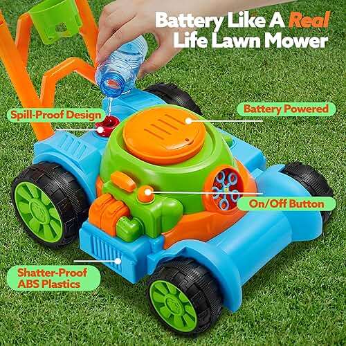 SLOOSH Bubble Lawn Mower Toddler Toys - Spill-Proof Bubble Machine Pretend Gardening Play Toy for Age 1 2 3 1-3 Year Old Baby Boys Indoor Outdoor Use, Easter Basket Stuffers Birthday Gifts (Blue) - Image 4