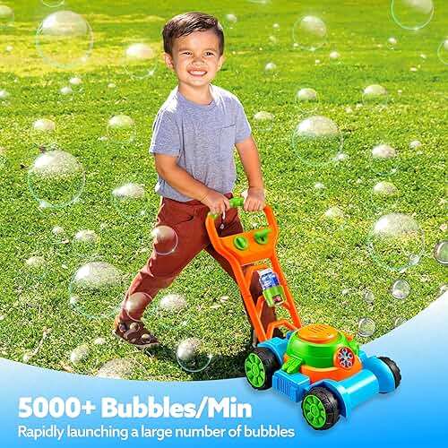 SLOOSH Bubble Lawn Mower Toddler Toys - Spill-Proof Bubble Machine Pretend Gardening Play Toy for Age 1 2 3 1-3 Year Old Baby Boys Indoor Outdoor Use, Easter Basket Stuffers Birthday Gifts (Blue) - Image 5