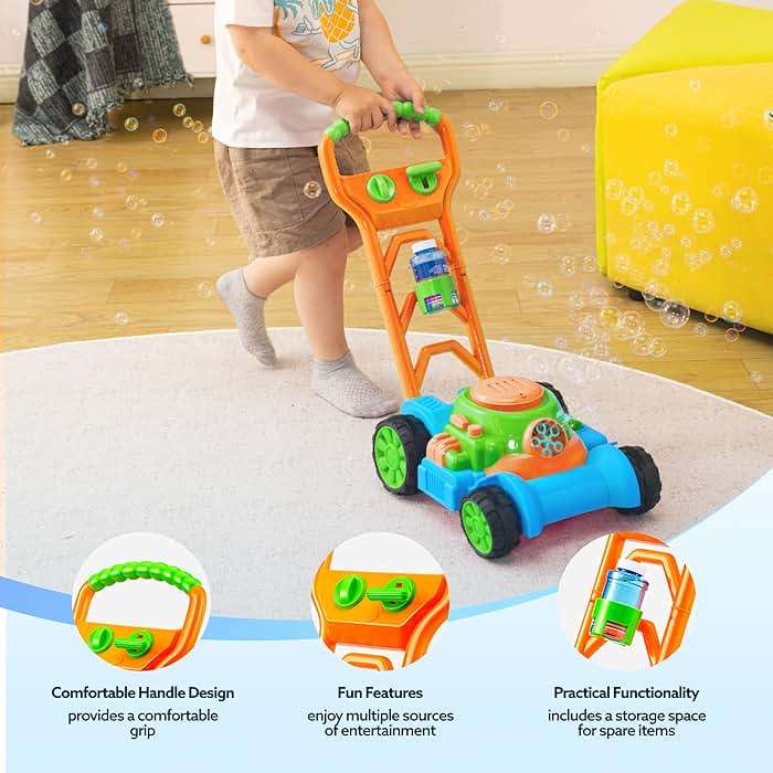 SLOOSH Bubble Lawn Mower Toddler Toys - Spill-Proof Bubble Machine Pretend Gardening Play Toy for Age 1 2 3 1-3 Year Old Baby Boys Indoor Outdoor Use, Easter Basket Stuffers Birthday Gifts (Blue) - Image 6