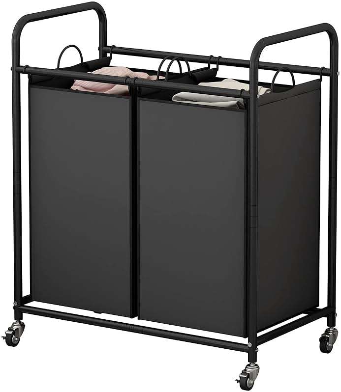 SUOERNUO Laundry Hamper Basket 2 Bag Laundry Sorter Cart with Rolling Lockable Wheels and Removable Bags Laundry Organizer Cart for Clothes Storage, Black - Image 1