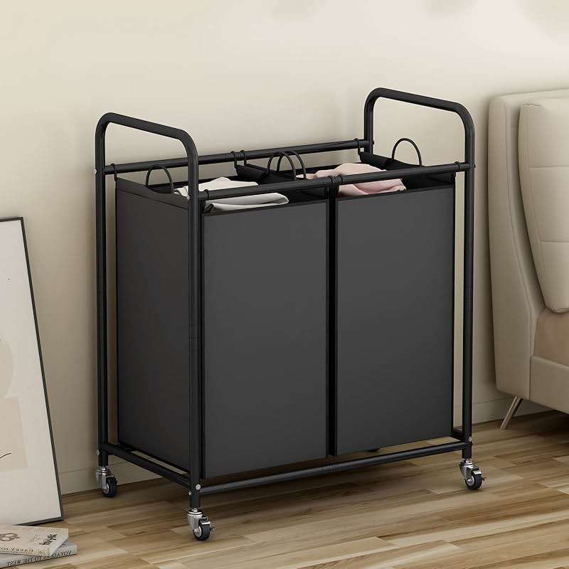 SUOERNUO Laundry Hamper Basket 2 Bag Laundry Sorter Cart with Rolling Lockable Wheels and Removable Bags Laundry Organizer Cart for Clothes Storage, Black - Image 2
