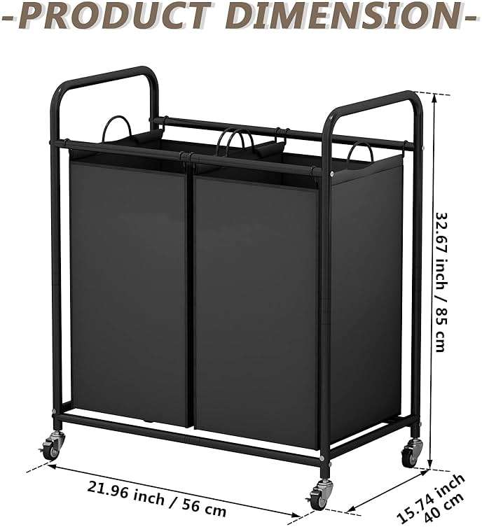 SUOERNUO Laundry Hamper Basket 2 Bag Laundry Sorter Cart with Rolling Lockable Wheels and Removable Bags Laundry Organizer Cart for Clothes Storage, Black - Image 3