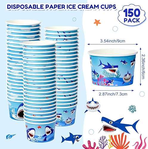 Didaey 150 Pieces Shark Paper Ice Cream Cups Shark Party Supplies Disposable Ice Cream Bowls Paper Dessert Soup Bowls for Hot or Cold Food, Kids Ocean Theme Party Baby Shower Decoration, 8 oz - Image 2