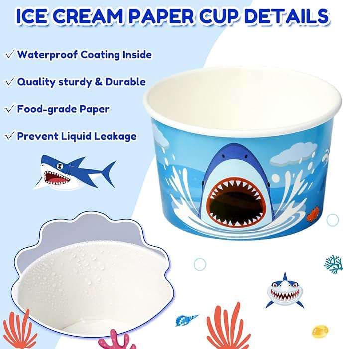 Didaey 150 Pieces Shark Paper Ice Cream Cups Shark Party Supplies Disposable Ice Cream Bowls Paper Dessert Soup Bowls for Hot or Cold Food, Kids Ocean Theme Party Baby Shower Decoration, 8 oz - Image 4