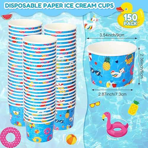 Didaey 150 Pack 8oz Ice Cream Cups Paper Bowls for Hot Cold Food, Disposable Pool Party Supplies for Birthday, Summer Beach Theme Snack Treat Soup Cups for Baby Shower Decorations Bulk - Image 2