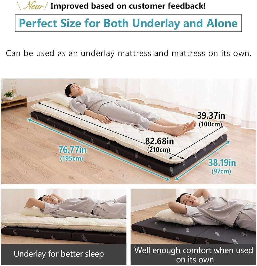 EMOOR 2in Tri-Fold Underlay Mattress for Japanese Futon Mattress Start High Resilience Foam 30D/180N Twin (77x38in) Dark Gray, Tatami Floor Sleeping - Image 4
