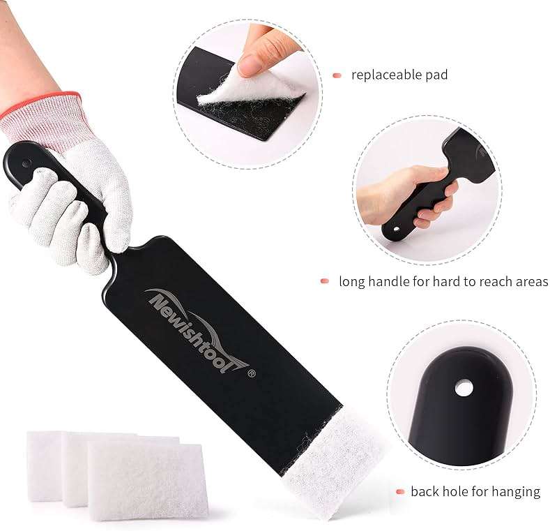NEWISHTOOL Window Tint Tools Bulldozer Squeegee Kit, Black Wide Mouth & Scrubber Paddle Scraper with Spare Scouring Pads for Windshield Cleaning Window Film Installing, Long Handle Tint Tools - Image 5