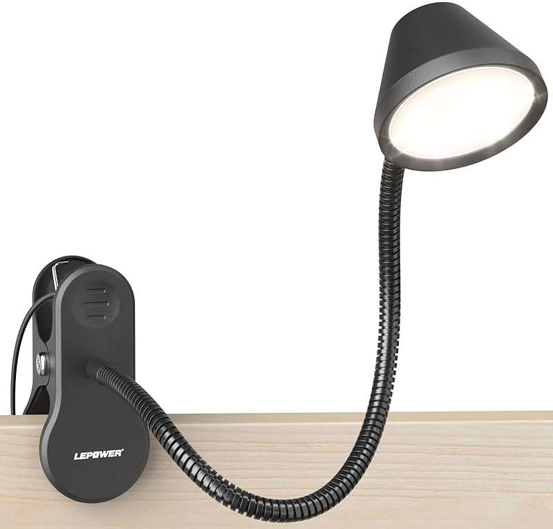 LEPOWER Clip on Light, 7W Reading Lights for Books in Bed with 5 Colors & Stepless Dimming, RG0 Eye-Care, Amber Glow Light & Auto Timer, Strong Clamp with Adapter for Headboard, Bedside, Desk, Black - Image 1