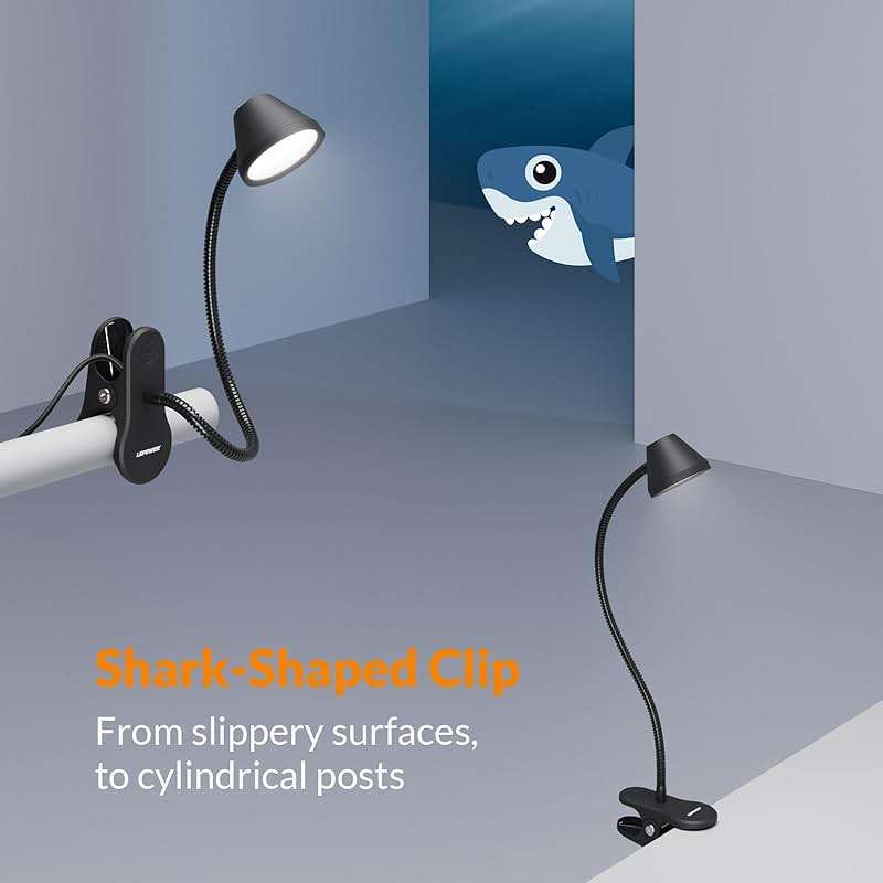 LEPOWER Clip on Light, 7W Reading Lights for Books in Bed with 5 Colors & Stepless Dimming, RG0 Eye-Care, Amber Glow Light & Auto Timer, Strong Clamp with Adapter for Headboard, Bedside, Desk, Black - Image 3