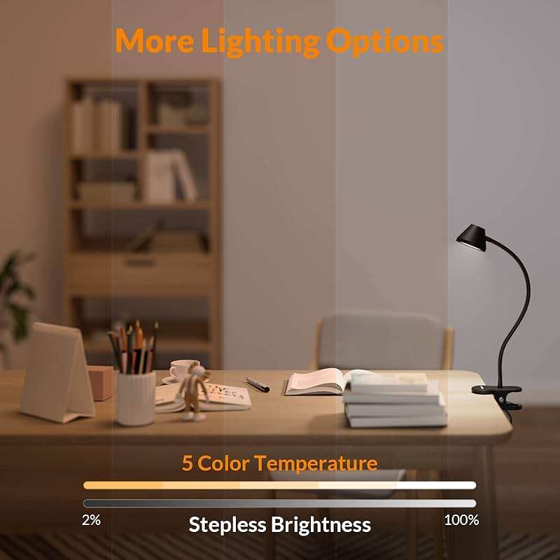 LEPOWER Clip on Light, 7W Reading Lights for Books in Bed with 5 Colors & Stepless Dimming, RG0 Eye-Care, Amber Glow Light & Auto Timer, Strong Clamp with Adapter for Headboard, Bedside, Desk, Black - Image 4